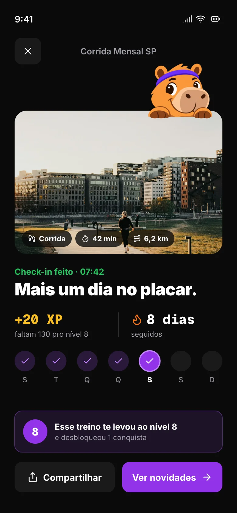 Check-in feito: foto do treino, XP ganho e sequência de dias
