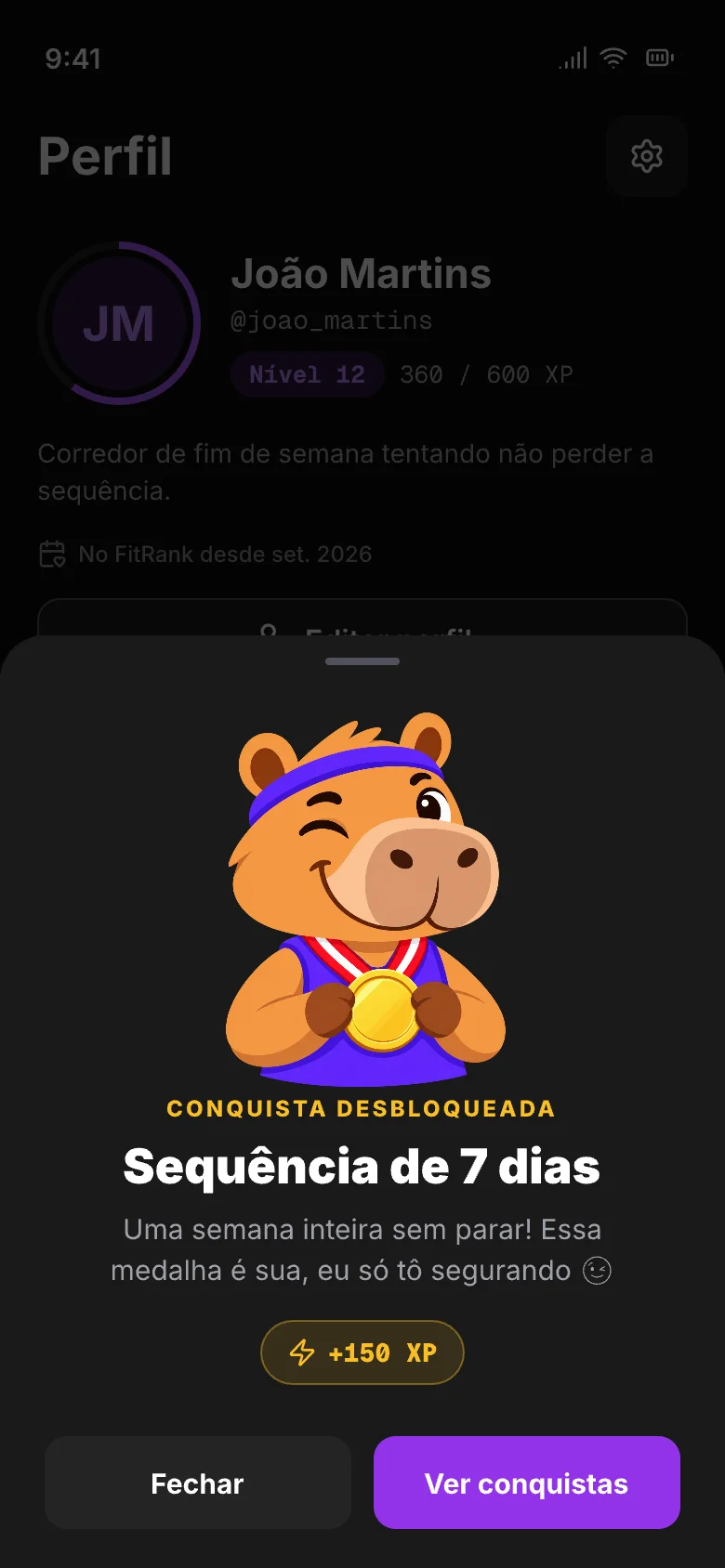 Conquista desbloqueada: sequência de 7 dias, com a Capi segurando uma medalha