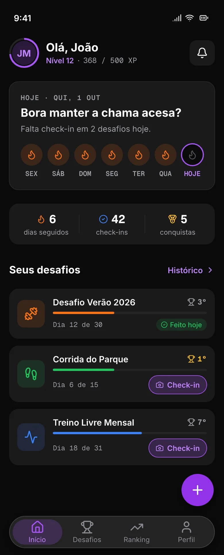 Tela inicial do Suou com a sequência da semana e os desafios ativos
